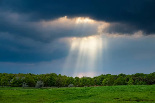 Solstrålar över fältet stormiga — Stockfoto