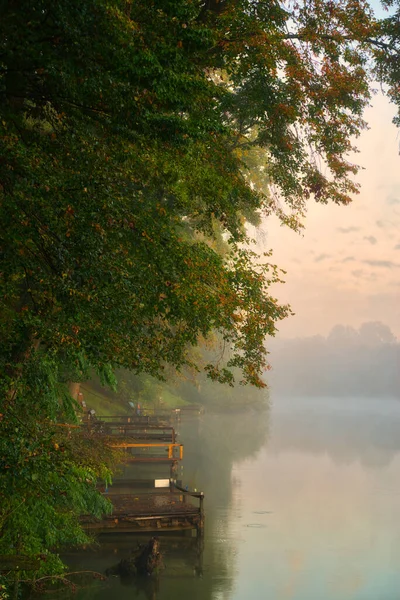 Herfst Kleur Weerspiegeld Stille Wateren Van Mistige Ochtend Lake Hongarije — Stockfoto