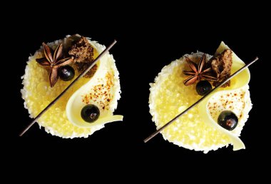 Sualtı temalı yin yang sarı limon jöleli havyar ve beyaz kavun kremalı tatlı hindistan cevizi, bal, beyaz çikolata ve yıldız anason, üst görünüm