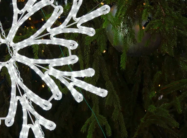 Velké stříbrné vánoční dekorativní sněhová vločka na zelené borovice — Stock fotografie