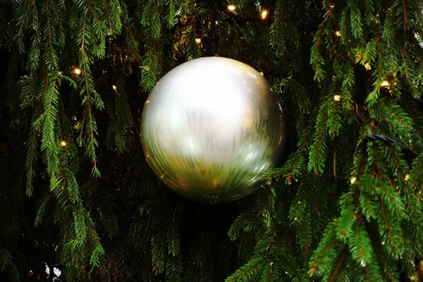 Stříbrné vánoční dekorace míč na zelené borovicové větve — Stock fotografie