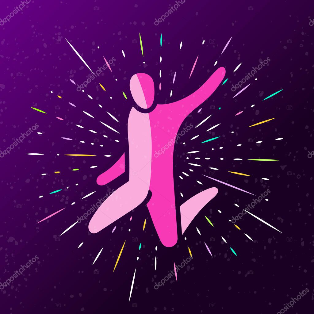 Vector illustration of jumping people, dance leap on dark background with rays. Man woman kid silhouette. Trampoline park concept. Healthy active sport. Bounce party decoration. EPS 10