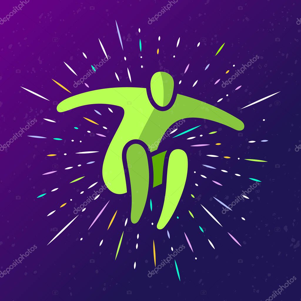 Vector illustration of jumping people, dance leap on dark background with rays. Man woman kid silhouette. Trampoline park concept. Healthy active sport. Bounce party decoration. Stock EPS 10