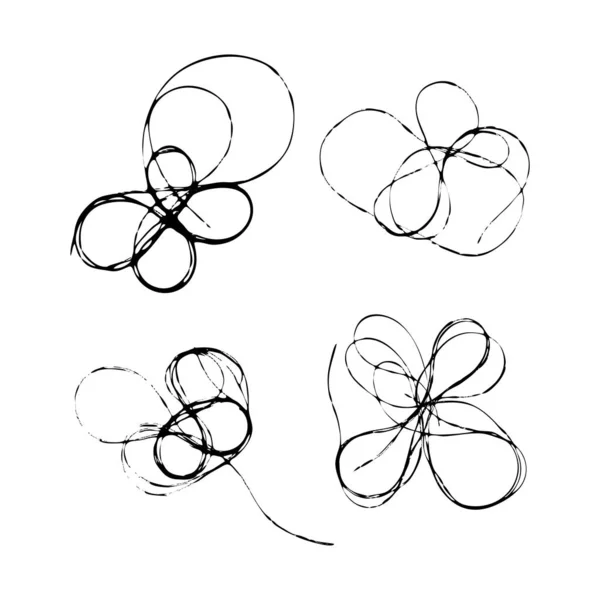 Set of tangled threads. Thread scribble petals, flower, spot. Black line abstract sketch. Chaotic doodle shapes. EPS 10 — Stock Vector