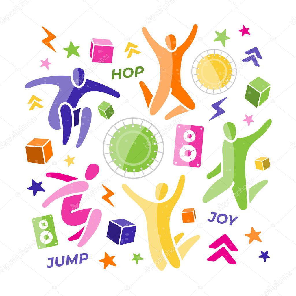 Set of 14 icons: jumping people, top view trampoline, sound speaker, foam rubber 3d cubes, lightning, chevron stripe. Trampoline, amusement park concept. Bounce party decoration. Flat vector EPS 10
