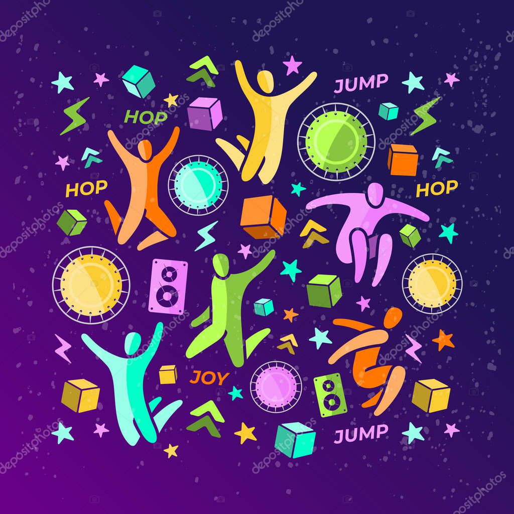 Set of 14 icons: jumping people, top view trampoline, sound speaker, foam rubber 3d cubes, lightning, chevron stripe. Trampoline, amusement park concept. Bounce party decoration. Flat vector EPS 10