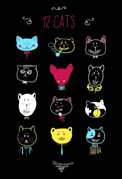Conjunto de cabezas de gatos coloridos — Vector de stock