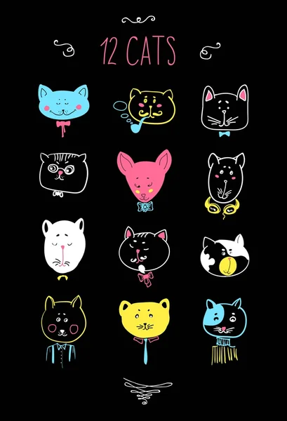 Conjunto de cabezas de gatos coloridos — Vector de stock