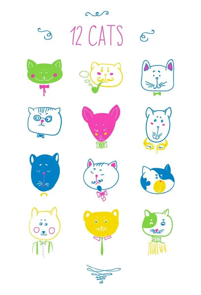 Ensemble de têtes de chats colorés — Image vectorielle