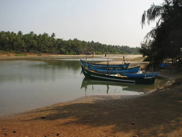 Barcos de pesca alineados a lo largo de la orilla. India, Karnataka — Foto de Stock