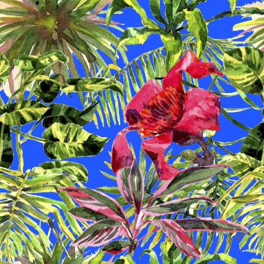 Tropikal arka plan. suluboya tropikal yaprak ve bitki. El orman yeşil arka plan boyalı