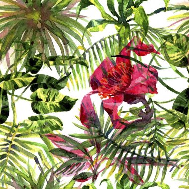 Tropikal arka plan. suluboya tropikal yaprak ve bitki. El orman yeşil arka plan boyalı