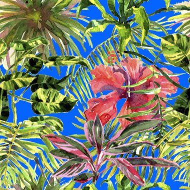 Tropikal arka plan. suluboya tropikal yaprak ve bitki. El orman yeşil arka plan boyalı