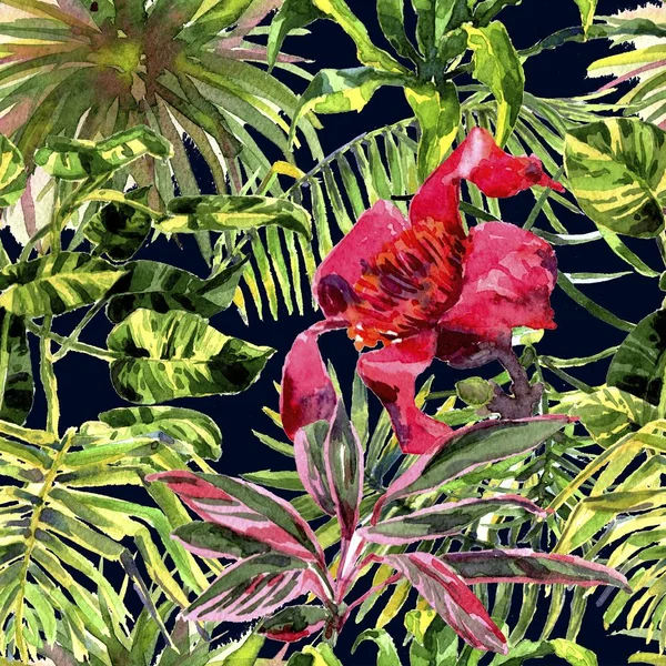 Fondo Tropical. acuarela hojas y plantas tropicales. Fondo de vegetación de selva pintada a mano —  Fotos de Stock