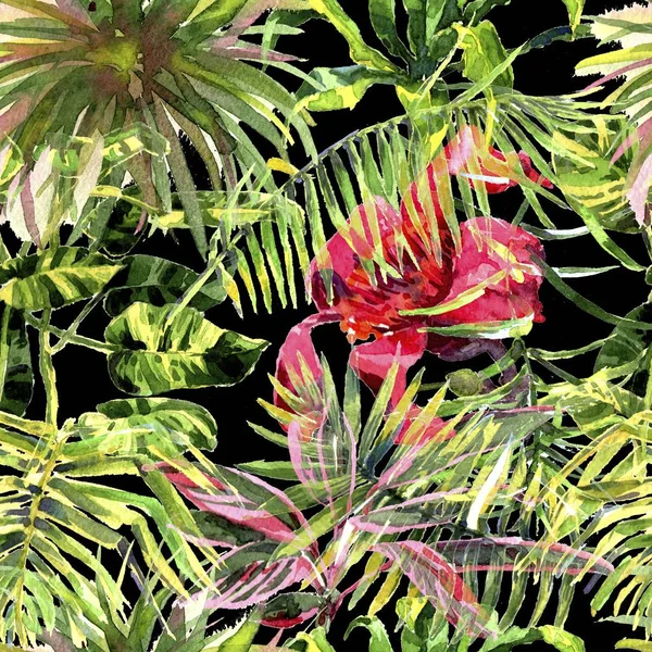 Contexte tropical. aquarelle feuilles tropicales et plantes. Fond vert jungle peint à la main — Photo