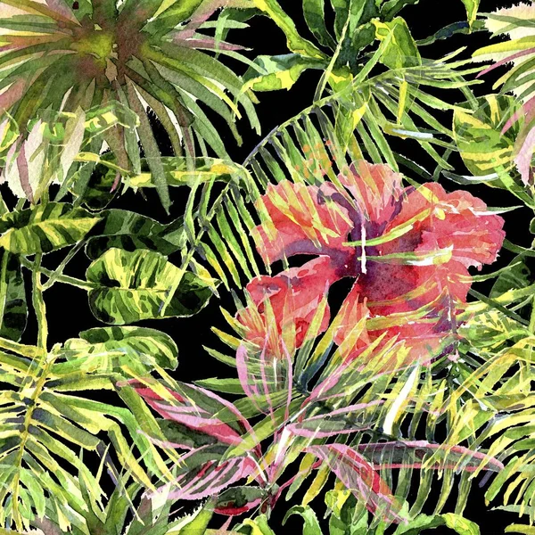 Tropische achtergrond. Aquarel tropische bladeren en planten. Handgeschilderde jungle groen achtergrond — Stockfoto