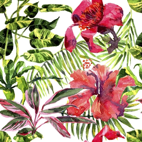 熱帯の背景。水彩トロピカル葉っぱや植物。手描きのジャングル緑を背景 — ストック写真