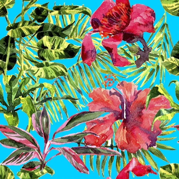 Tropických pozadí. akvarelu tropické listy a rostliny. Ručně malované pozadí zelení džungle — Stock fotografie