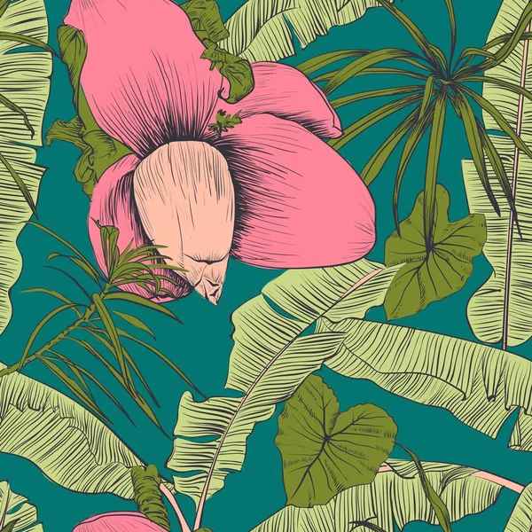 Patrón tropical sin costuras con palmeras de plátano. Ilustración vectorial . — Archivo Imágenes Vectoriales