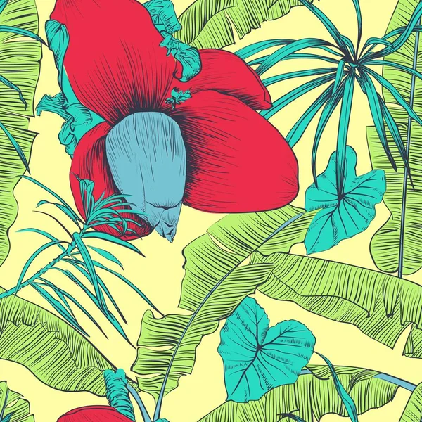 Modello tropicale senza cuciture con palme di banana. Illustrazione vettoriale . — Vettoriale Stock