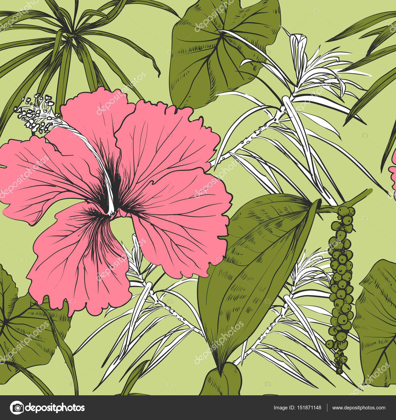 Fiori esotici tropicali e foglie Modello senza cuciture — Vettoriale Stock