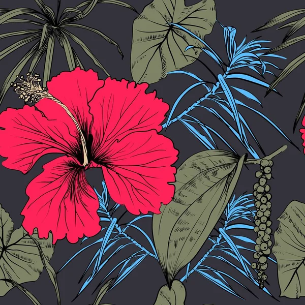 Tropikal egzotik çiçek ve yaprakları. Seamless modeli. — Stok Vektör