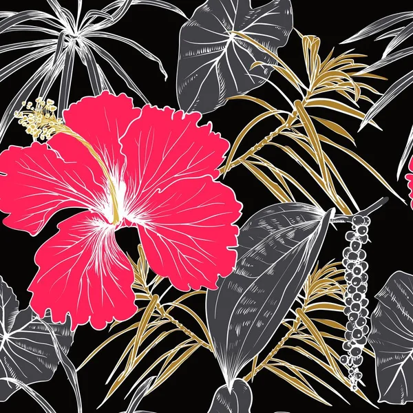 Tropical exotic flowers and leaves. Seamless pattern.