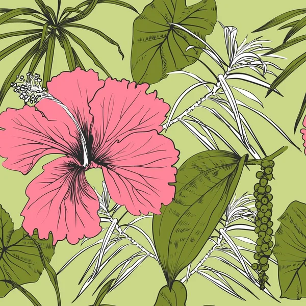 Trópusi, egzotikus virágok és levelek. Varrat nélküli mintát. — Stock Vector