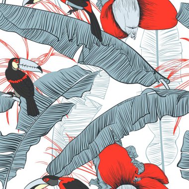 Muz avuç içi ile Dikişsiz tropikal desen. Vektör çizim.