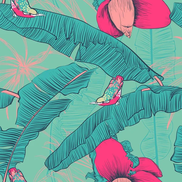 Modello tropicale senza cuciture con palme di banana. Illustrazione vettoriale . — Vettoriale Stock