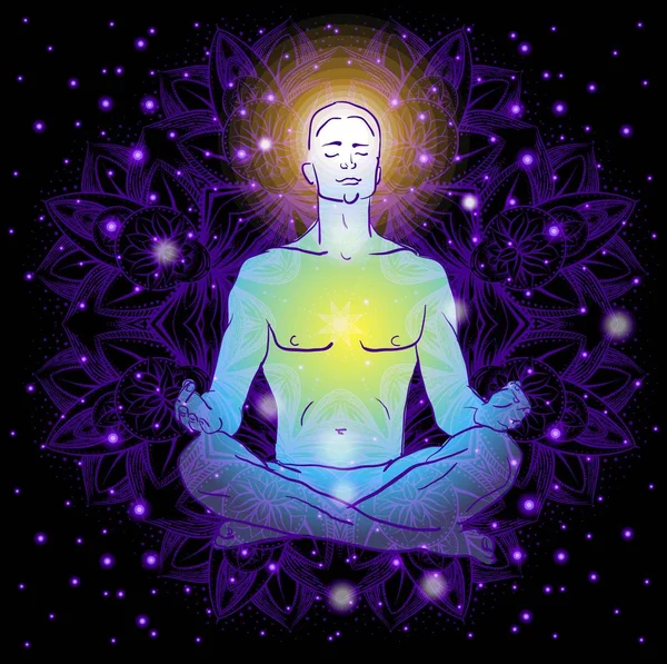 Om stând în poziția de lotus făcând meditație yoga — Vector de stoc