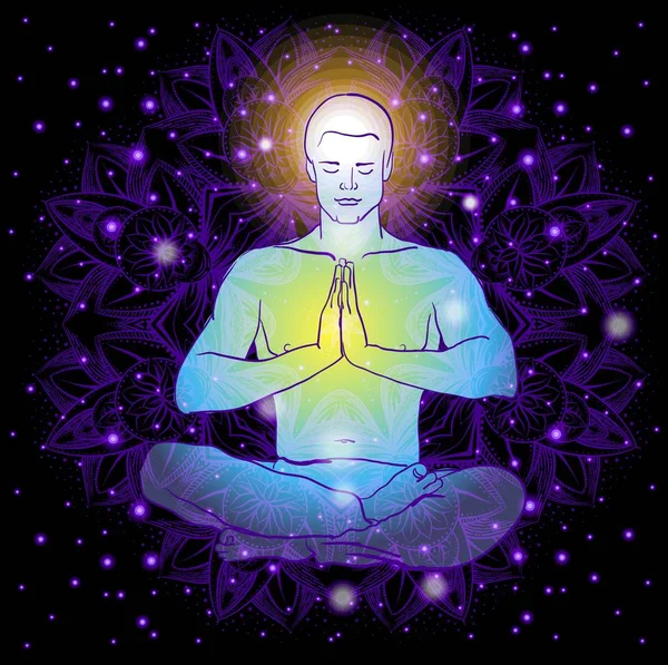 Homme assis dans la position du lotus faisant méditation de yoga — Image vectorielle