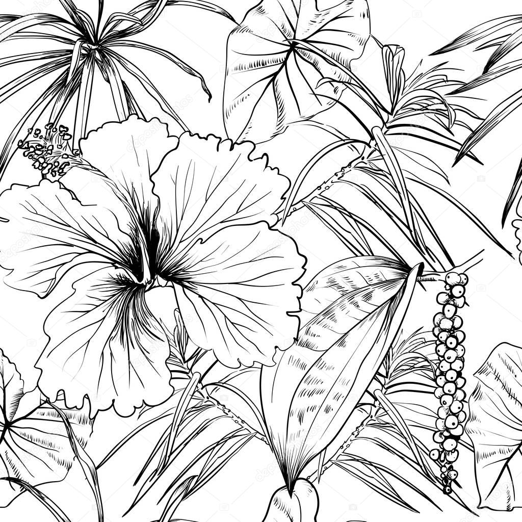 Tropical exotic flowers and leaves. Seamless pattern. coloring book
