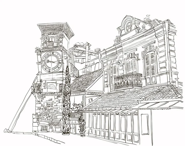 Tbilissi, Géorgie, un croquis d'une tour courbe avec une horloge et un café d'art près du théâtre de marionnettes — Image vectorielle