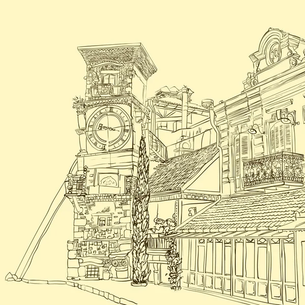 트빌리시, 조오지 아, 시계와 인형극 근처 아트 카페 곡선 타워의 스케치 — 스톡 벡터