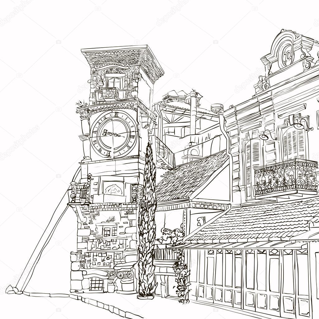 Tbilisi, Georgia, a sketch of a curve tower with a clock and an art cafe near Puppet Theater
