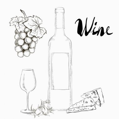 El Çizimi Çizimi Şarap Bardağı ve Şişe