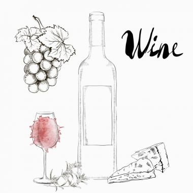 El Çizimi Çizimi Şarap Bardağı ve Şişe