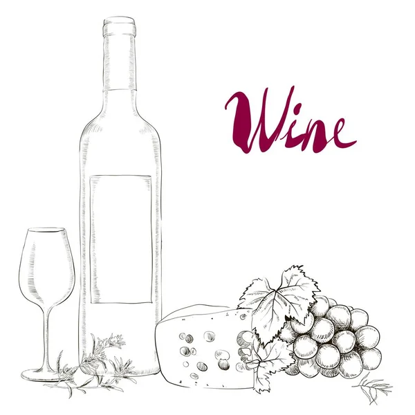 Χέρι ζωγραφισμένα Εικονογράφηση κρασί γυαλί και μπουκάλι — Διανυσματικό Αρχείο