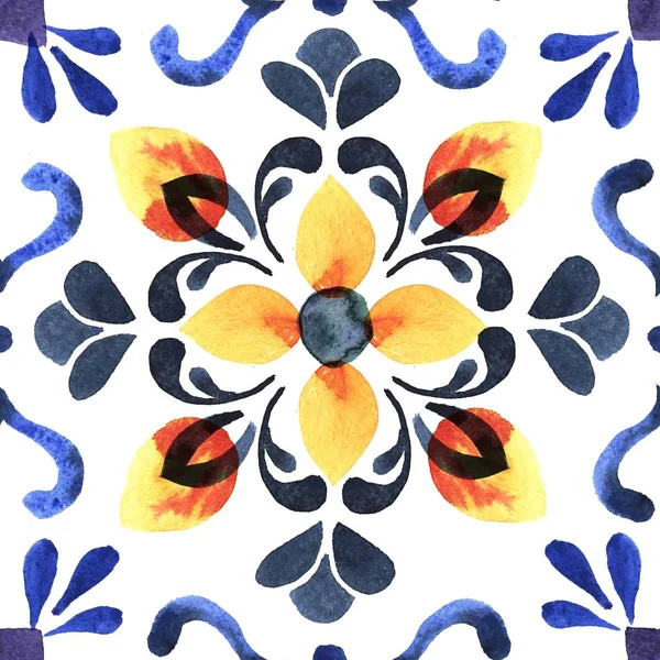 The traditional tiles. Decorative tiles. Spain, Portugal traditional tiles. Floral ornament. Watercolor — Stock Photo, Image