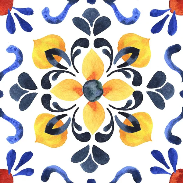 Традиційні плитки. Покриття антиковзні. Іспанія, Португалія традиційні плитки. Рослинним орнаментом. Акварель — стокове фото
