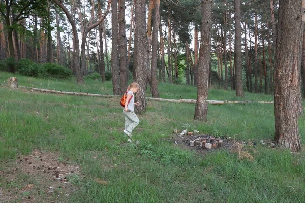 Menina perto do fogo na floresta . — Fotografia de Stock