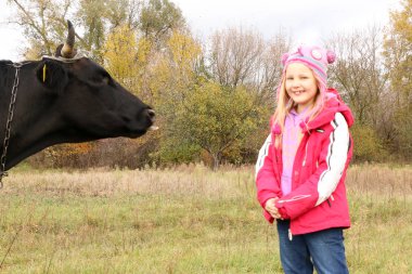 Güzel küçük bir kız siyah inek zincirinde yakınındaki çayır üzerinde duruyor.