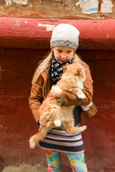 Little girl with a red kitten in hands close up. — Stock Photo, Image