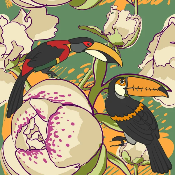 Nahtloser floraler Hintergrund mit Pfingstrosen Vogel Tukan — Stockvektor