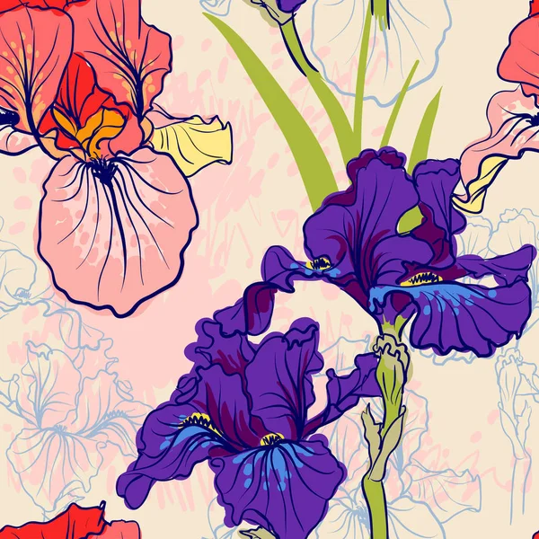 Patrón sin costuras con flor decorativa de iris en colores retro . — Archivo Imágenes Vectoriales