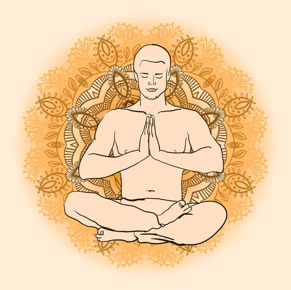 Homme assis dans la position du lotus faisant méditation de yoga — Image vectorielle