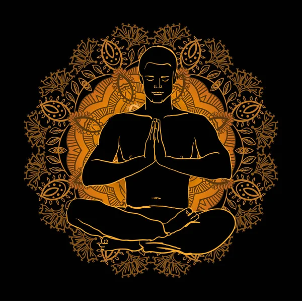 Człowiek siedzi w pozycji lotosu robi Joga Medytacja — Wektor stockowy