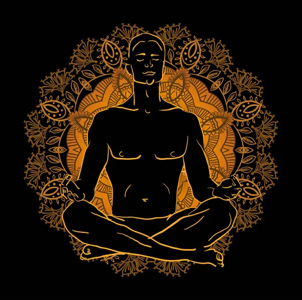 Człowiek siedzi w pozycji lotosu robi Joga Medytacja — Wektor stockowy