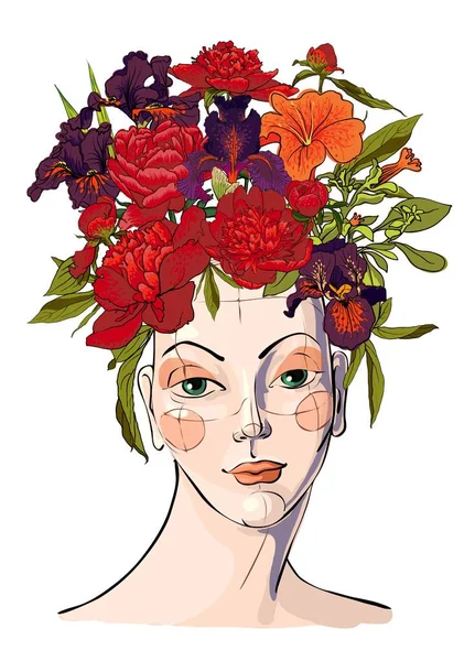 Primavera mujer con flores su pelo — Vector de stock